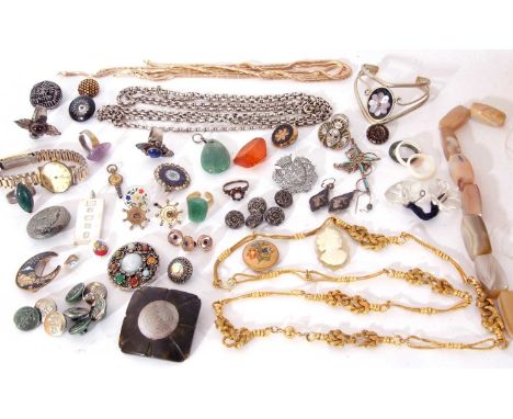 Quantity of costume jewellery to include a hallmarked silver ingot pendant with oversized hallmarks, silver mounted ring, cos