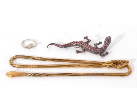 Mixed Lot: vintage gilt metal serpent necklace, a 925 stamped marcasite and pink stone large lizard brooch, together with a s