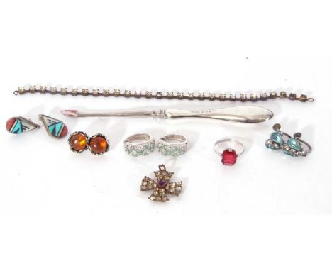 Mixed lot : silver handled manicure item, a pair of sterling marked stone set earrings, paste set bracelet, various rings and