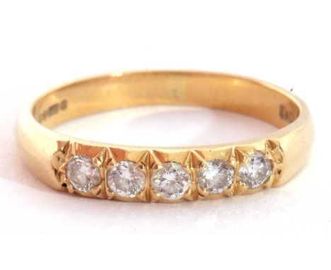 18ct gold five stone diamond ring, line set with five small brilliant round cut diamonds, 0.25ct total approx, size K