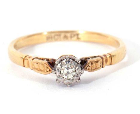Single stone diamond ring featuring a small single cut diamond in an illusion setting, stamped 18ct and Pt, size N
