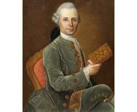 German School, 18th CenturyPortrait of a gentleman, three-quarter-length, seated, in a grey velvet coat, holding a book oil o