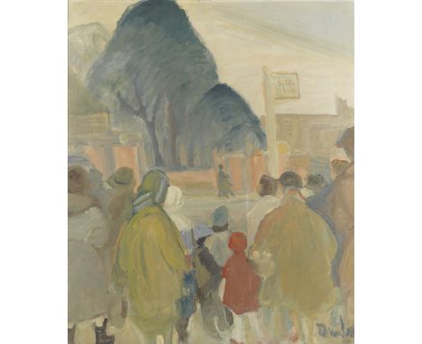 Ronald Ossory Dunlop R.A., R.B.A. (British, 1894-1973)The bus stop signed 'Dunlop' (lower right)oil on canvas50.5 x 61cm (19 