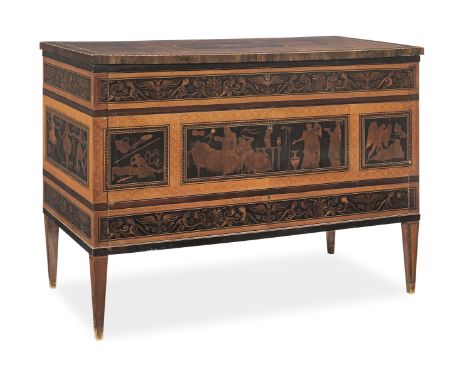 A pair of Italian early 19th century rosewood, ebony, purplewood, sycamore marquetry and chequer-inlaid commodes all'antica b