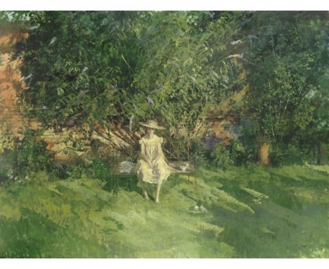Peter Kuhfeld R.P., N.E.A.C. (British, born 1952)Girl seated on a garden bench signed 'Kuhfeld' (lower right)oil on canvas137