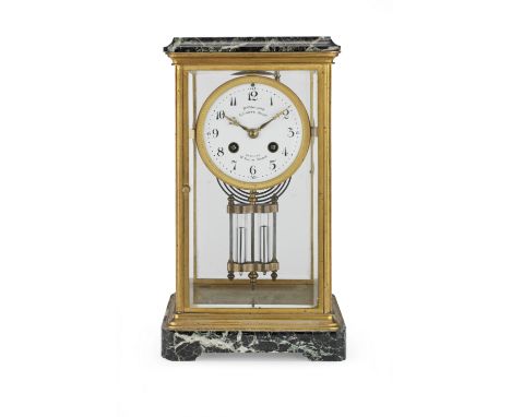 A late 19th century French four-glass mantel clock with twin mercury jar pendulumretailed by Maison Baillier, G. Coiffe, Succ