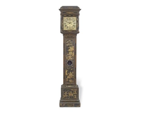 An 18th century and later black and gilt chinoiserie japanned longcase clockthe hood with a moulded cornice and shallow caddy