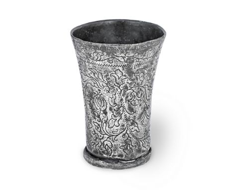 A pewter wrigglework beaker, Dutch, circa 1700the flared drum decorated all round with scrolling flora, crowned initialled to