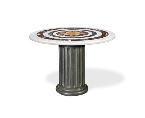 An Italian 19th century pietra dura table top together with a modern simulated marble pedestalThe top inlaid with a central c