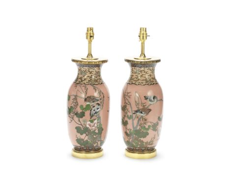 A pair of late 19th century / early 20th century Japanese pink ground cloisonné baluster vase lamp basesthe bodies decorated 