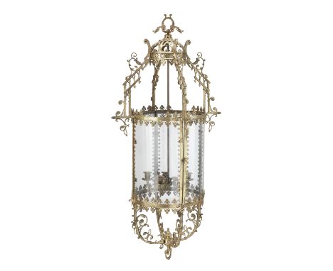 A late 19th century gilt brass hall lanternin the Gothic tastethe cylindrical frame with engraved and cusped foliate pierced 