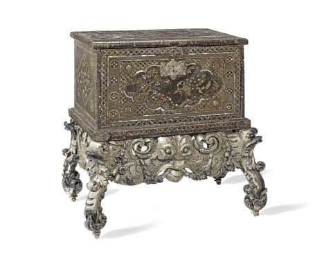 An early 17th century Japanese export mother of pearl inlaid lacquer 'Namban' chest on a Dutch 17th century or Charles II car