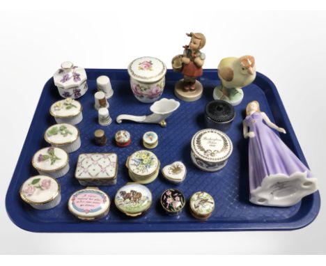 A group of enamelled Halcyon Days pill boxes, other Aynsley examples, Royal Doulton figure 'Taurus', Goebel figure, etc.
