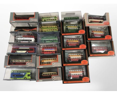20 Exclusive First Editions and Corgi 1:76 scale die-cast buses, all boxed.