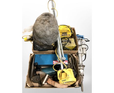 A group of tools and hardware including angle grinder, Kango concrete drill, steel wool, transformers, ratchet straps, a trip