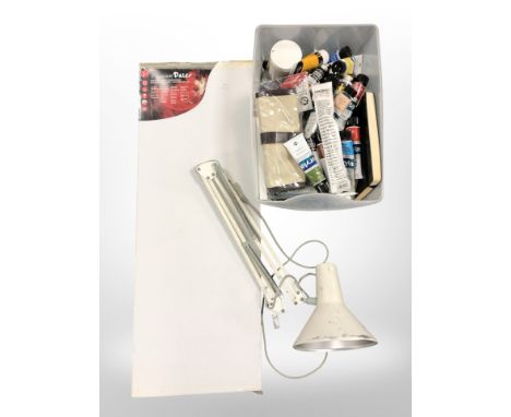 An angle poise lamp, a daler board and a box of assorted artists paints, palette knives, etc. 