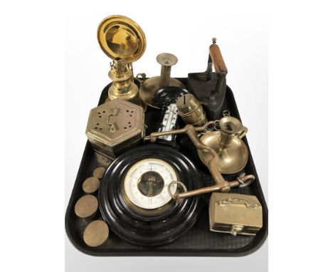A Danish ebonised barometer, two brass ejector candlesticks, graduated weights, oil lamp, iron, etc. 
