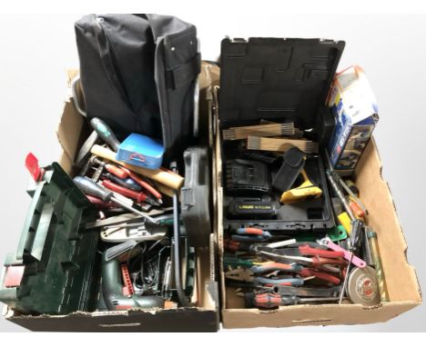 A quantity of hand and power tools, Bosch drill, tack gun, folding rules, etc. (2 boxes)