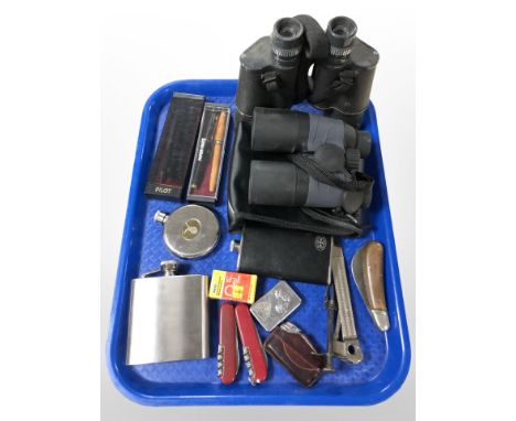 A pair of Sagan 7x50 binoculars, further pair of 8x42 binoculars, hip flasks, pens, folding knife, cigar cutter, 2 swiss army