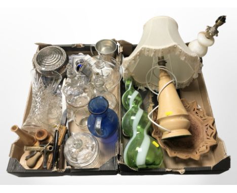 Assorted silver plated and glass wares, turned wooden table lamp, carved bowl, antique cutthroat razor, etc. (2 boxes)