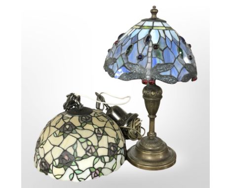 A Tiffany-style leaded glass dragonfly table lamp, height 40cm, and a further similar pendant light fitting.