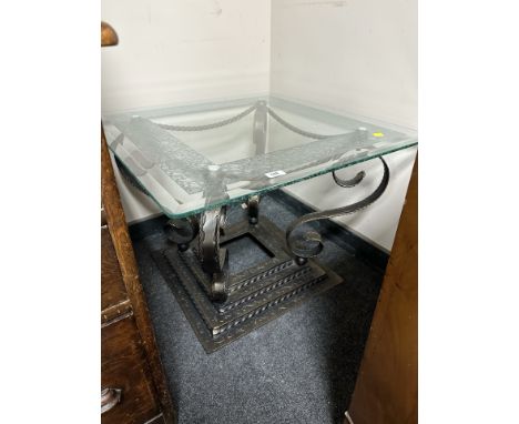A modern bevelled glass and patinated metal square lamp table, width 70cm. 