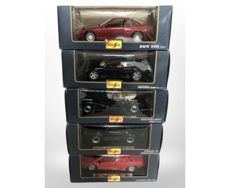 Five Maisto 1:18 scale die-cast cars.