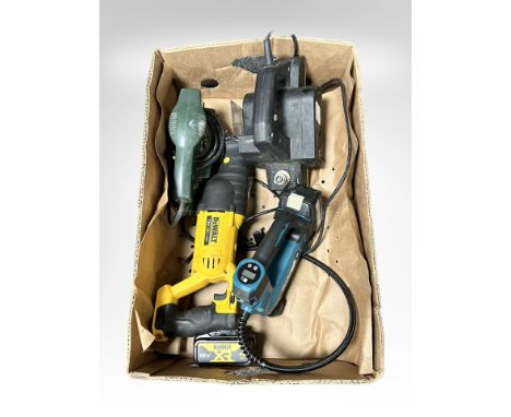 A group of power tools, to include: an electric planer, a Makita DMP 180, a DeWalt saw, with battery, and a JMB sander. 