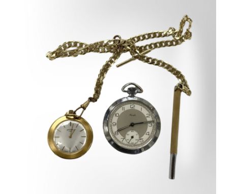 A silver gilt chain, together with a Rotary fob watch, a chrome plated pocket watch and a propelling pencil. 