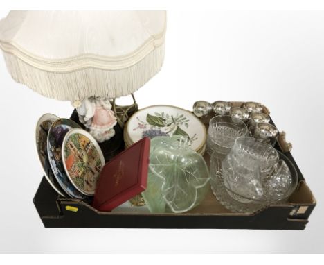 A figural lamp base, set of six silver-plated goblets, glass wares, a box Georg Jensen 1992 Christmas ornament, collectors pl