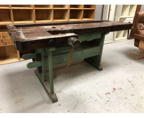 A 19th century stained and painted pine joiner's work bench fitted with two vice, length 210 cm x 99 cm x 83 cm 