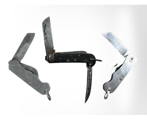 Three Army pocket knives, two British Army all steel, and one with chequered grips.