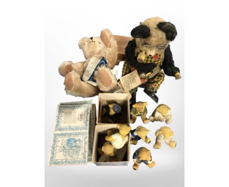 An English Teddy Bear Company teddy bear, plus another, and several R&R teddy bear ornaments. 