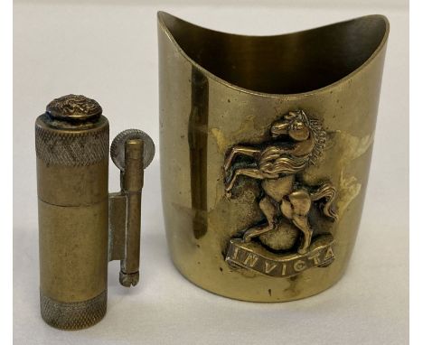 2 pieces of British WWI trench art. A "Tommy" lighter with button set to lid. Together with a brass pot with Kent Yeomanry in