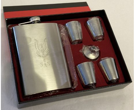 A new and boxed hip flask and shot cups set with S.A.S engraved insignia detail.  