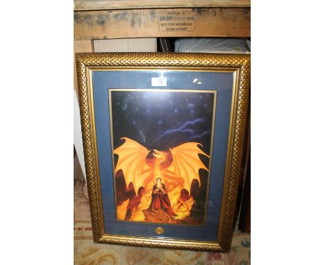 A FRAMED AND GLAZED LIMITED EDITION LITHOGRAPH ENTITLED 'DRAGONFIRE' BY MICHAEL WHELAN FOR THE FRANKLIN MINT- 2035/9500 - SEE