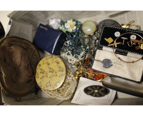 A BOX OF COSTUME JEWELLERY, PURSE, COMPACT ETC