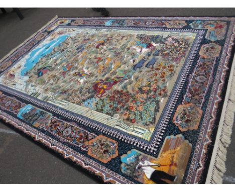 A LARGE MODERN EASTERN SILK RUG DECORATED WITH A MOUNTAINOUS HUNTING SCENE 250 X 360