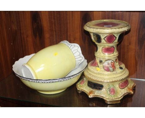 A VINTAGE CERAMIC STAND WITH FIGURAL DETAIL, TOGETHER WITH A CERAMIC WATER JUG AND BOWL SET 