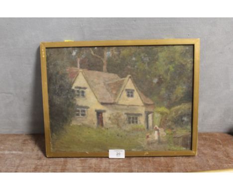 A GILT FRAMED OIL ON BOARD DEPICTING A RUSTIC COTTAGE SCENE WITH FIGURES WITH PORTRAIT STUDY VERSO 25.5CM X 35CM 
