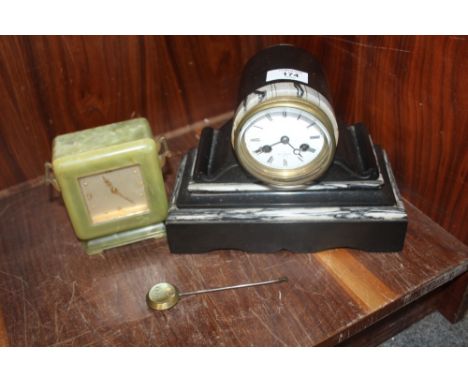 A VINTAGE HRY MARC OF PARIS MARBLE MANTLE CLOCK OF SMALL PROPORTIONS TOGETHER WITH A SMALL ONYX DESK CLOCK 