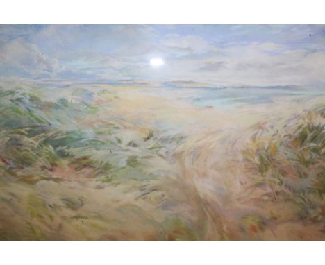 A FRAMED AND GLAZED PASTEL OF A SEASIDE LANDSCAPE SIGNED AUDREY PILKINGTON LOWER RIGHT