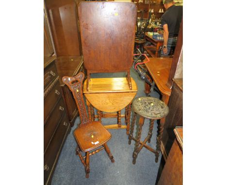 A CARVED OAK SPINNING STOOL, AN OAK BARLEYTWIST STOOL, SMALL OAK DROPLEAF TABLE AND A FIRESCREEN (4)