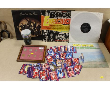 A FRAMED AND GLAZED PRE-DECIMAL COIN COLLECTIONS TOGETHER WITH A TUB OF TOPPS MATCH ATTAX CARDS AND A SMALL QUANTITY OF RECOR