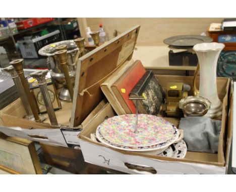 TWO TRAYS OF METALWARE AND COLLECTABLES TO INC A CHAMPAGNE BUCKET, VINTAGE BOOKS, FISHING REEL ETC
