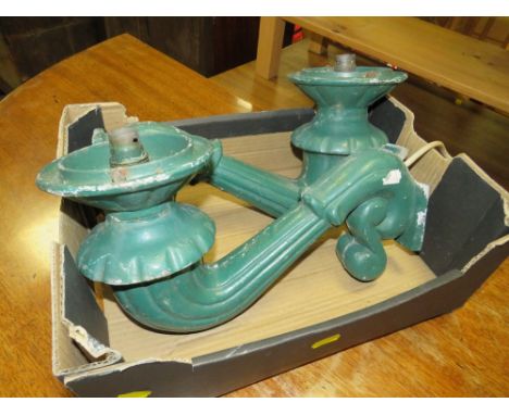 A PAIR OF VINTAGE CAST METAL OUTDOOR LIGHT FITTINGS