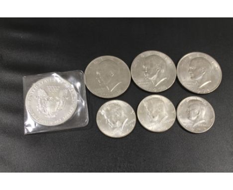 A UNITED STATED 1 0Z FINE SILVER DOLLAR COIN, TOGETHER WITH OTHER AMERICAN DOLLARS AND HALF DOLLARS 