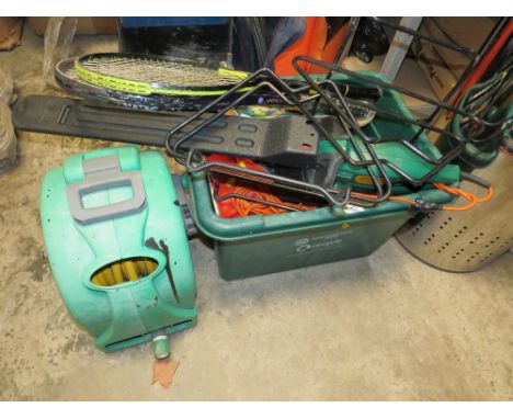 A BOX OF TOOLS ETC, TO INCLUDE A HEDGE TRIMMER, BIKE STANDS TOGETHER WITH A HOSE REEL