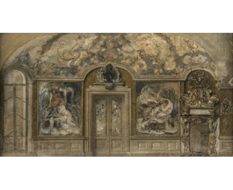 Keller, FerdinandKarlsruhe 1842 - Baden-Baden 192240,5 x 74 cmSkizze eines herrschaftlichen (badischen) Interieurs. Öl/Lwd./K