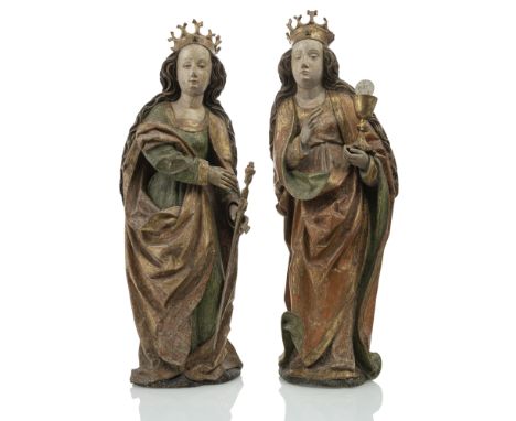 Heilige Barbara und Heilige KatharinaNürnberg, um 1490H. 90 cmLinde, rückseitig gehöhlt. Stehende, bekrönte Figuren mit den A